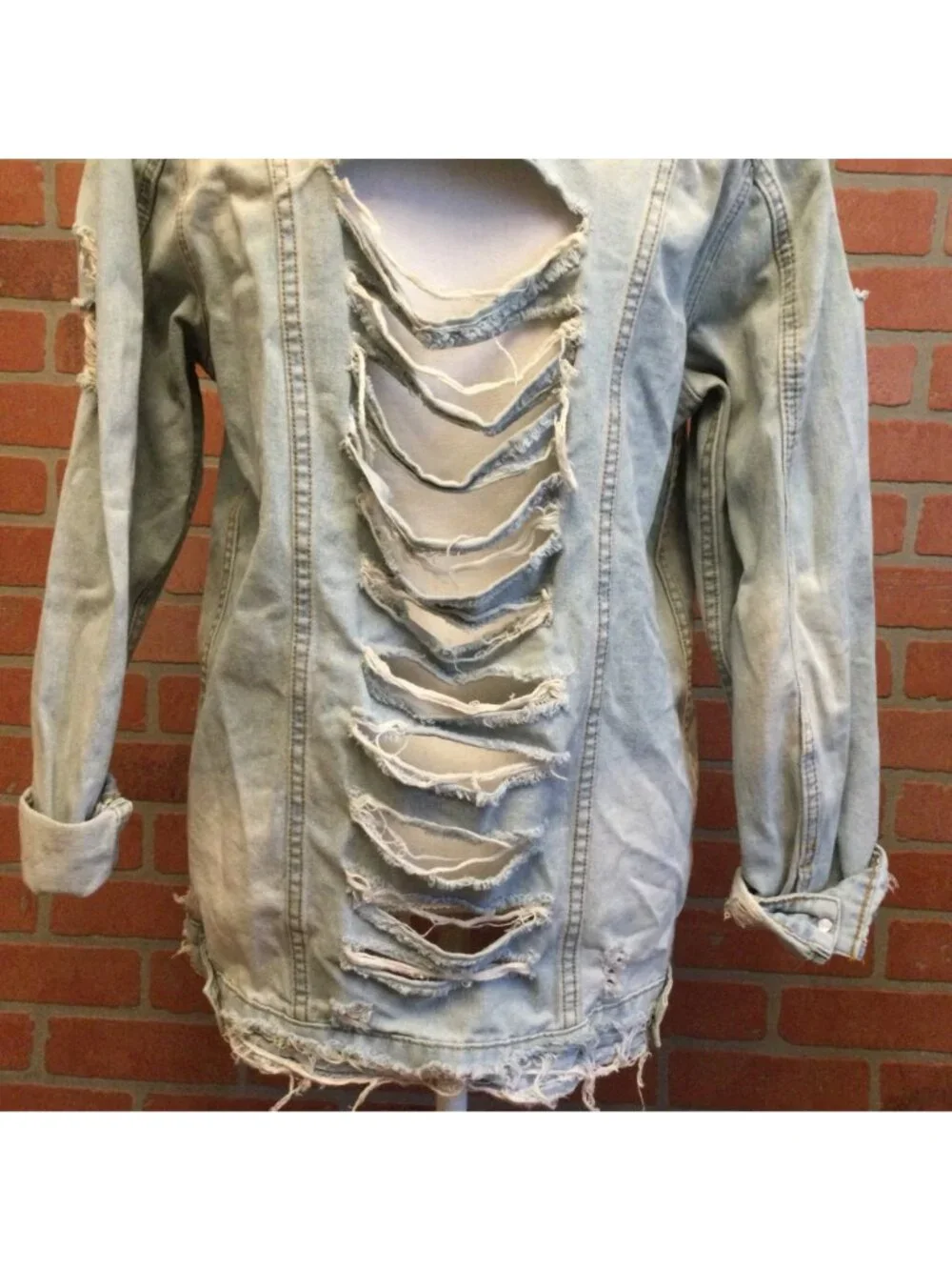 Mono B Womens Denim Jacket Size M Distressed Destroyed Rips